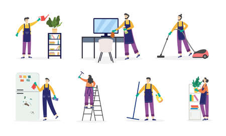 Men and women cartoon characters set busy with domestic chores, flat vector illustration isolated on white background. People cleaning, washing and tidying up.の写真素材