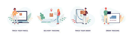 Set of characters for delivery tracking services, flat vector illustration isolated on white...