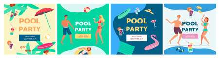 Set of swimming pool party invitation brochures. People with drinks having fun outdoors near pool and beach under sun in nice weather, flat cartoon vector illustrationのイラスト素材