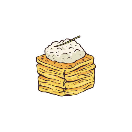 Tiny appetizer for cafe, restaurant or catering menu. Colorful hand drawn sketch of snack. Vector illustration isolated on a white background.のイラスト素材