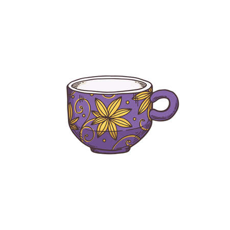 Cup of tea cartoon icon in sketch doodle style, vector illustration isolated on white background. Cute mug decorated with flowers for teatime and hot drinks.のイラスト素材