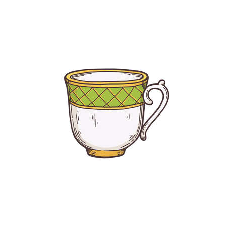White porcelain teatime sketch cup or mug decorated with green and gold lines. Drinking tea, flat cartoon vector illustration isolated white backgroundのイラスト素材