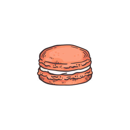 Macaroon cookie or cake sketch vector illustration isolated on white background. Color cartoon icon of popular sweet macaroons dessert in hand drawn style.のイラスト素材