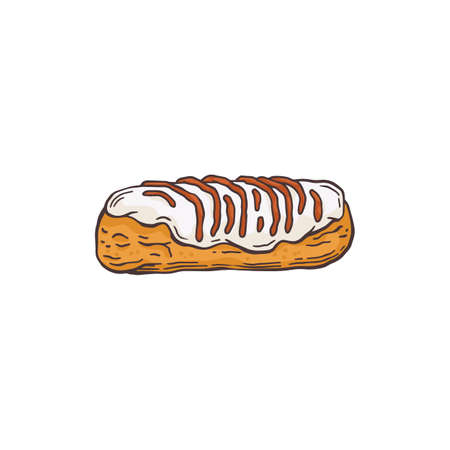 Cartoon icon of delicious eclair cake, sketch vector illustration isolated on white background. Sweet dessert image for bakery or confectionery restaurant.の写真素材