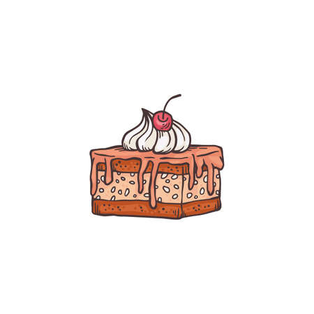 Chocolate cake slice with whipped cream and cherry topping - hand drawn drawing of dessert food isolated on white background. Vector illustration.のイラスト素材