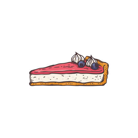 Piece of pie or open cake in hand drawn style, sketch vector illustration isolated on white background. Sweet dessert color icon in engraving style for bakery or cafe.のイラスト素材