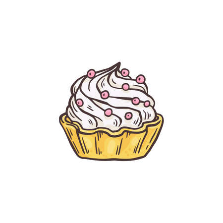 Tasty cupcake with cream and berries. Delicious dessert. Vector colorful hand drawn illustration...