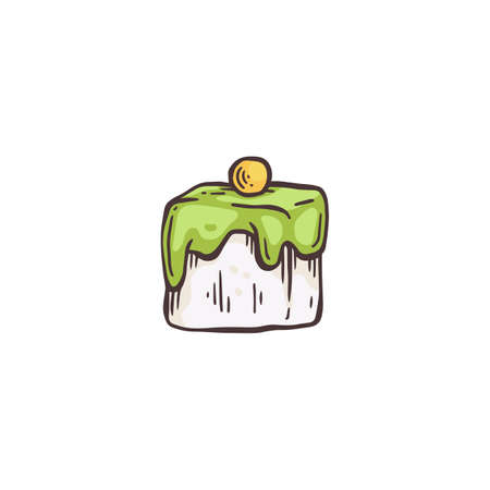 Pistachio sweet cake hand drawn sketch vector illustration isolated on white background. Delicious portion cake for food packaging and bakery or restaurant.のイラスト素材