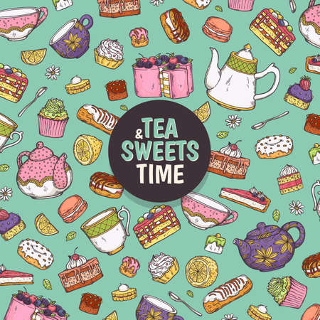 Vintage card with teapots, cups, pastries, sweets and lemons. An invitation to a tea party. Colorful hand drawn set accessories for tea ceremony. Vector sketch illustrationのイラスト素材
