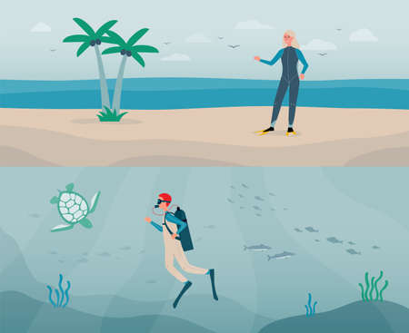 The dive deep in water. Diver man with aqualung, fish and turtle on underwater background. A blonde woman in a scuba suit stands on the sea or ocean beach. Vector flat illustrations.のイラスト素材