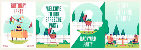 Set of invitation cards for barbeque backyard party, flat cartoon vector illustration. Posters collection for home celebration of family holidays and birthdays.のイラスト素材