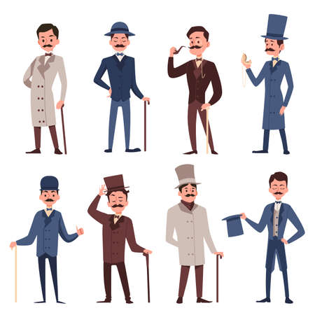 Victorian gentlemen set - cartoon men in vintage English clothing isolated on white background. People in retro suit, top hat, cane and other accessories, vector illustrationのイラスト素材