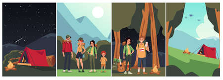 Set of families having picnic together with kids living in tent and getting close to nature. Family campfire hobby and recreation, flat cartoon vector illustrationのイラスト素材