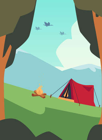 Family campfire at nature forest with mountains landscape banner. Camping recreation and leisure together with fire and tent, flat cartoon vector illustrationのイラスト素材