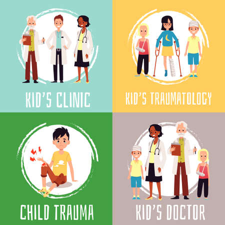 Child injury treatment - cartoon poster set with traumatology clinic doctor team and injured children treated from trauma. Vector illustration of pediatric clients.のイラスト素材
