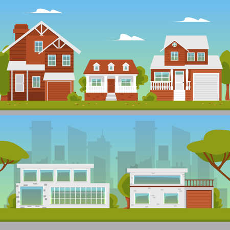 Countryside and modern suburban streets backgrounds set, flat cartoon vector illustration. Summer landscapes collection with vintage and modern suburban houses.のイラスト素材