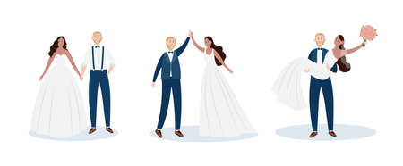 Set of bride and groom couples cartoon characters, flat vector illustration isolated on white background. Men and women ready to wedding ceremony celebration.のイラスト素材