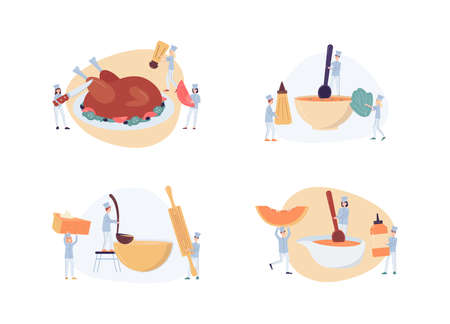 Set of Thanksgiving dinner dishes preparing by tiny cookers, flat vector illustration isolated on white background. Turkey and pumpkin festive meals with cartoon chefs.のイラスト素材