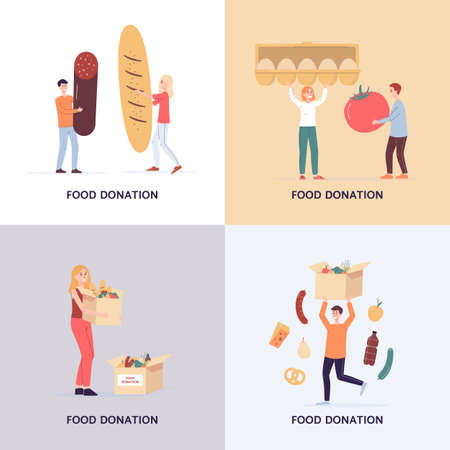 Concept of social support and charity for poor in shelter. Volunteers carry food and filling cardboard donation box to help homeless. Set of cards. Vector flat illustrationsのイラスト素材