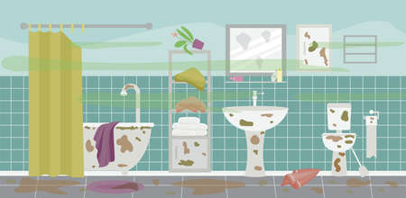 Very dirty and messy bathroom interior with mud stains and things in disorder, flat vector illustration. Bath and toilet or lavatory room before cleaning.のイラスト素材