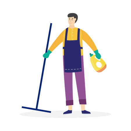 Man cartoon character with mop and detergent busy with domestic chores, flat vector illustration isolated on white background. Cleaner or cleaning company worker.のイラスト素材