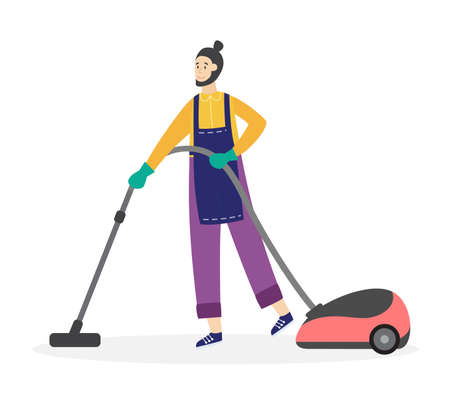 Cleaning service worker in apron using vacuum cleaner, flat vector illustration isolated on white background. Man cartoon character for house cleaning company services.のイラスト素材
