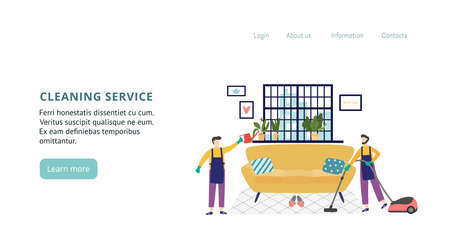 Template for the landing page for the cleaning service application. Cleaning your home or office. Staff in work clothes clean the living room. Vector flat illustrationのイラスト素材