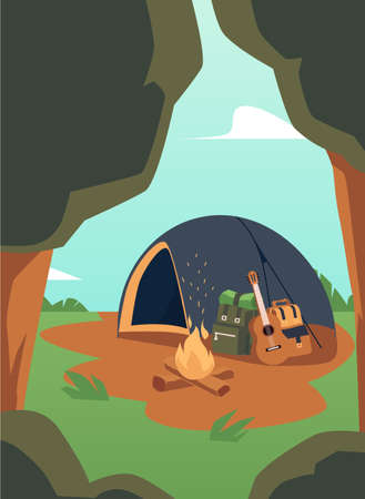 Card or poster template with tourist tent and campfire in forest landscape, flat cartoon vector illustration. Tourism and hiking, mountaineering background design.のイラスト素材