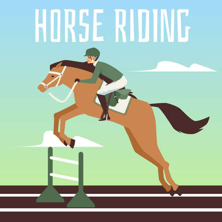 Equestrian sports or competitions. A horse with a jockey rider jumps over the barrier. Traditional english horse racing. Vector flat illustrationのイラスト素材
