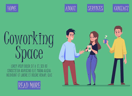 Website page mockup for coworking space or open office with business people cartoon characters, flat vector illustration. Comfortable workspace and coworking environment.のイラスト素材