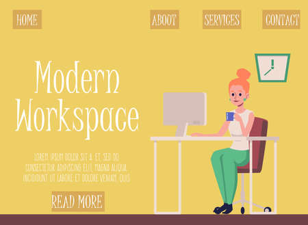 Modern workspace website banner template with woman working at desktop, flat vector illustration. Landing page design for comfortable office space and workplace.のイラスト素材