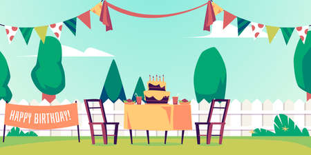 Birthday backyard party outside decorations. Having fun and celebration at home yard picnic with birthday cake outdoors, flat cartoon vector illustrationのイラスト素材