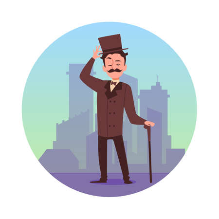 Circle decorative element with vintage gentleman in hat at backdrop of city, flat vector illustration isolated on white background. Victorian gentleman character.のイラスト素材