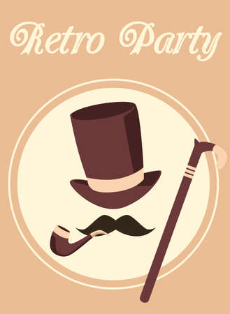 Invitation poster template for retro party with vintage gentleman fashion design elements, flat vector illustration. Vintage gentlemen club   emblem design.のイラスト素材