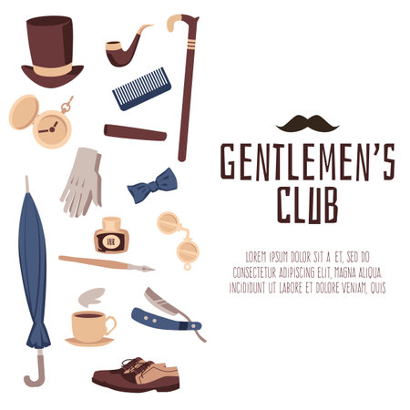 Gentlemens club banner or poster templates with elements of vintage male fashion, flat vector illustration. Vintage retro gentleman party invitation design.のイラスト素材