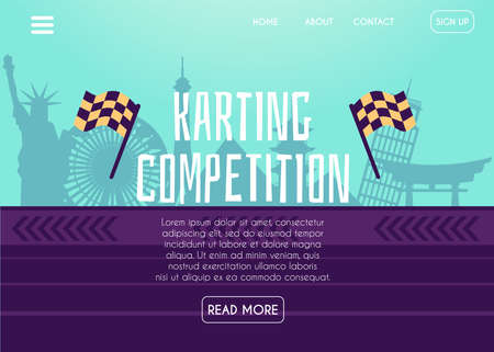 Racing competition landing page for internet website. Car racing for drivers with black and yellow checkered flag on finish line, flat cartoon vector illustrationのイラスト素材