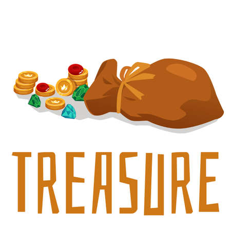 Fabric sack full of golden coins and treasure, flat cartoon vector illustration isolated on white background. Jewelry gems and gold coins in open vintage textile sack.のイラスト素材