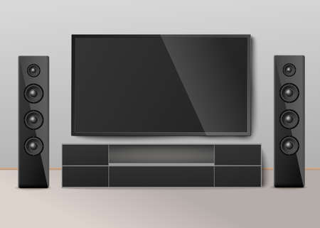 Interior room with modern cinema system. Video equipment for home entertainment. Digital electronic stereo technology. Vector realistic 3D illustration.のイラスト素材