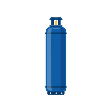 Blue gas cylinder. Steel container for storage and transportation of flammable fuel. Flat vector illustration isolated on a white backgroundの写真素材