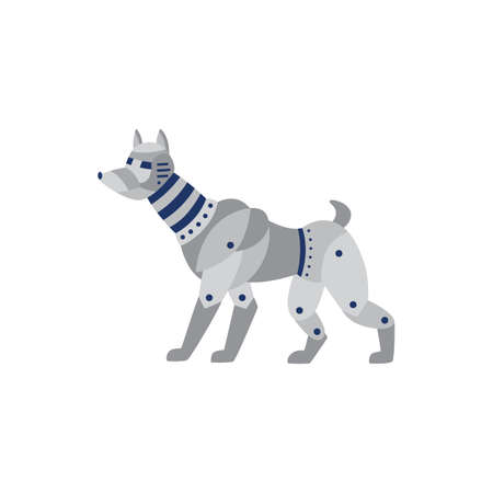 Fantasy cartoon character of electronic robotic dog of future artificial intelligence technology, flat vector illustration isolated on white background.のイラスト素材