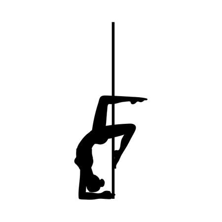 Black silhouette of a beautiful flexible girl dancing on a pole. Pole dance logo for fitness, party or club. Vector illustration isolated on a white background.のイラスト素材