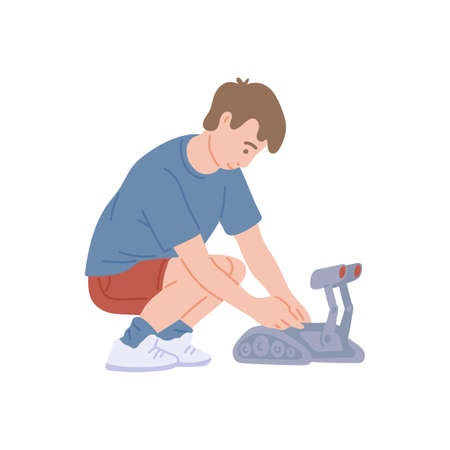 Child boy playing with toy robot, flat vector illustration isolated on white background. Robot simulation hobby and science education for kids concept.のイラスト素材