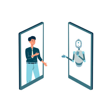 Man communicates with a chatbot online using a mobile phone. Smart customer service and support. The...