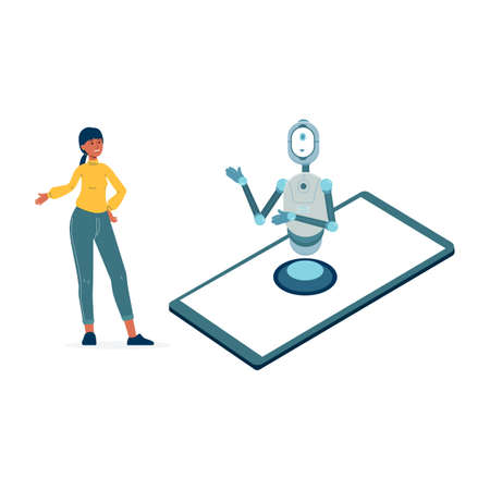 Woman talking with virtual chatbot assistant of mobile phone application, flat vector illustration isolated on white background. Virtual clients chat and support line.のイラスト素材