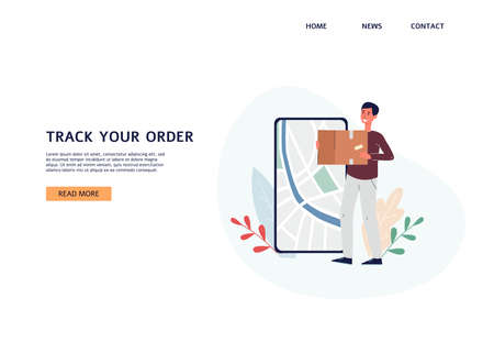 Tracking parcel services website page mockup with happy client getting his purchase, flat vector illustration. Landing page or site interface for track app.のイラスト素材