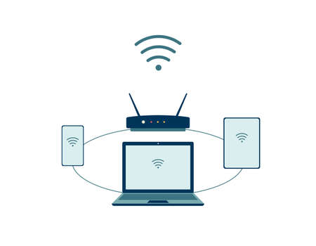 Devices and gadgets for remote connection and internet network, flat vector illustration isolated on...