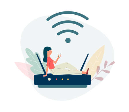 Tiny woman sitting on remote wireless signal receiver, flat vector illustration isolated on white background. WIFI remote connection concept or emblem.のイラスト素材