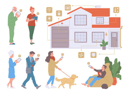 People set up and use smart home technology. Remote control and monitoring of security, lighting, air temperature and heating in the house. Flat cartoon vector illustration.のイラスト素材
