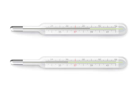 Set of medical mercury thermometers with normal and high temperature, realistic vector illustration...