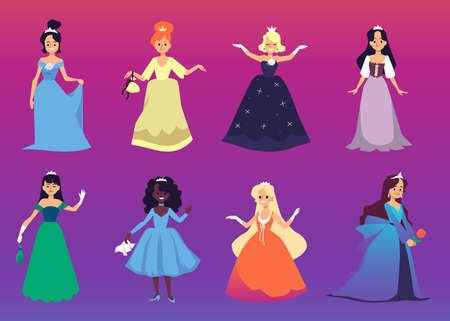 Collection of beautiful princesses cartoon characters in fancy dresses, flat vector illustration isolated on background. Women in costumes of fairy tale personages.のイラスト素材